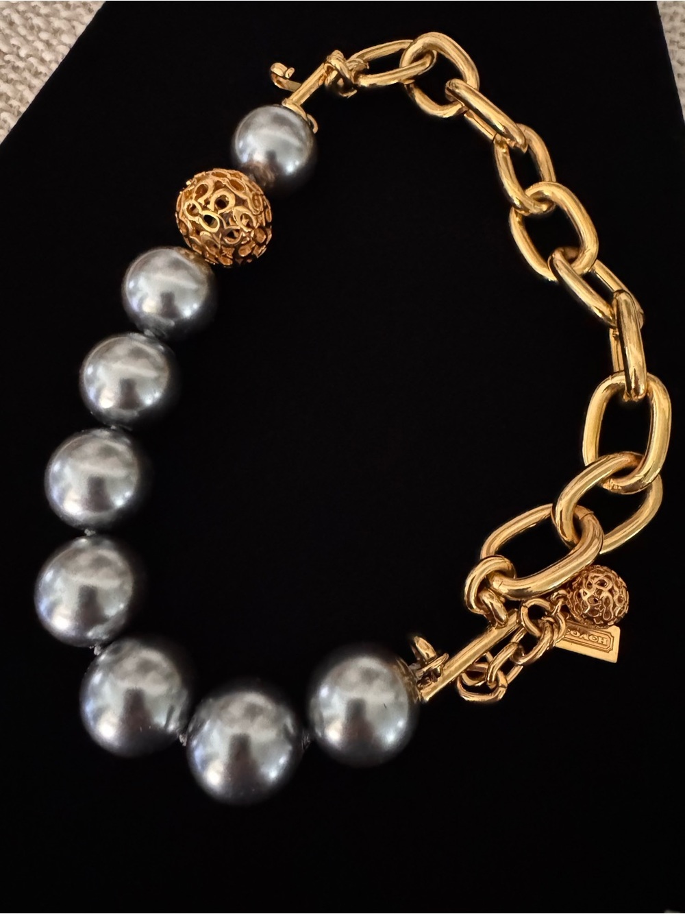 Coach Gold Chain Bracelet with Gray Pearl Accents